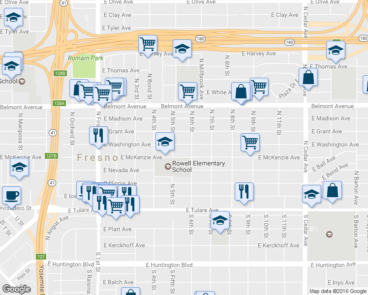 map of restaurants, bars, coffee shops, grocery stores, and more near 3567 East McKenzie Avenue in Fresno