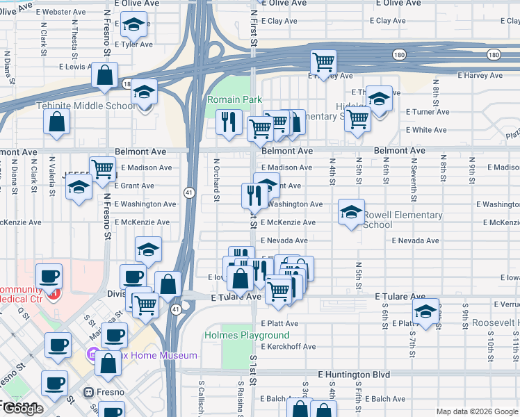 map of restaurants, bars, coffee shops, grocery stores, and more near 3115 East McKenzie Avenue in Fresno