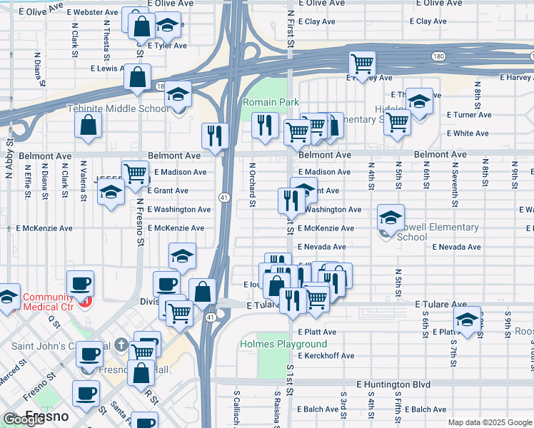 map of restaurants, bars, coffee shops, grocery stores, and more near 3049 East McKenzie Avenue in Fresno