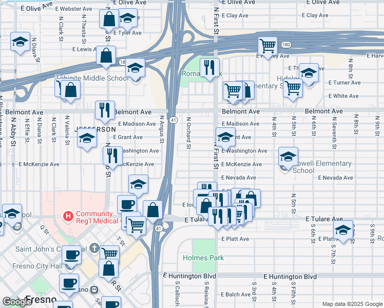 map of restaurants, bars, coffee shops, grocery stores, and more near 2913 East McKenzie Avenue in Fresno
