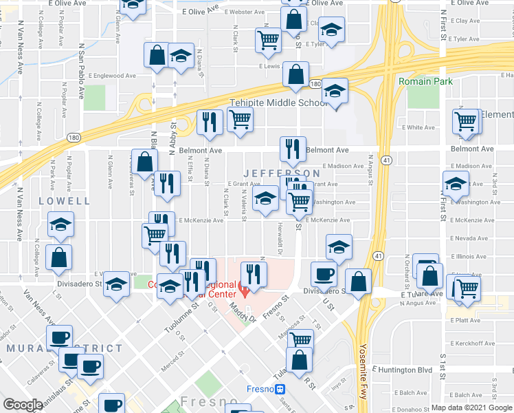 map of restaurants, bars, coffee shops, grocery stores, and more near 305 North Thesta Street in Fresno