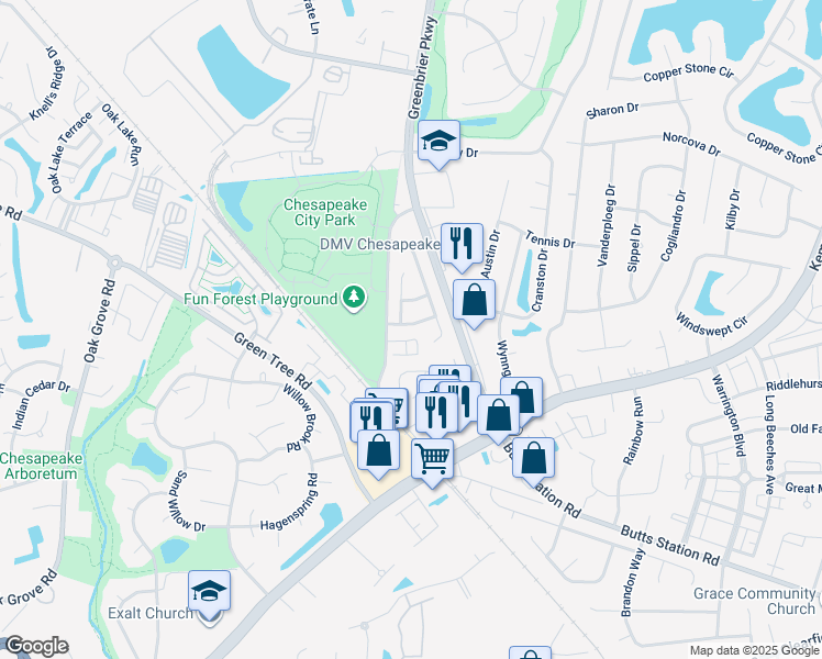 map of restaurants, bars, coffee shops, grocery stores, and more near 709 Gulfwind Road in Chesapeake