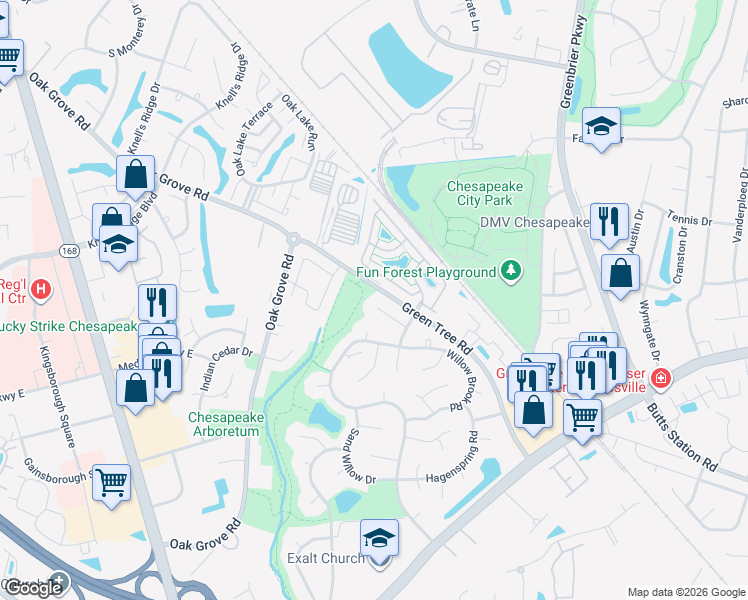 map of restaurants, bars, coffee shops, grocery stores, and more near 918 Meadowhill Court in Chesapeake