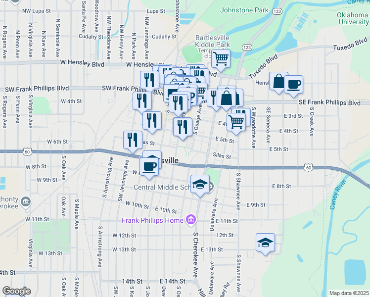 map of restaurants, bars, coffee shops, grocery stores, and more near 300 Southeast Adams Boulevard in Bartlesville