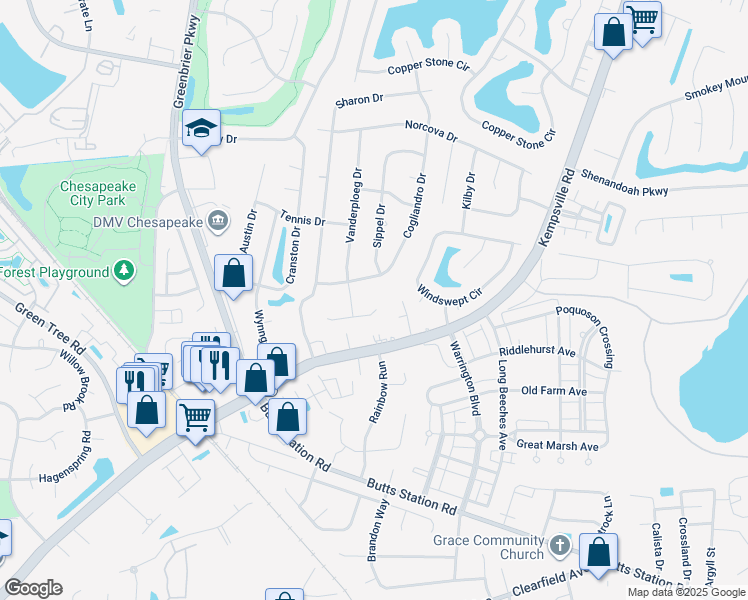 map of restaurants, bars, coffee shops, grocery stores, and more near 624 Herron Drive in Chesapeake
