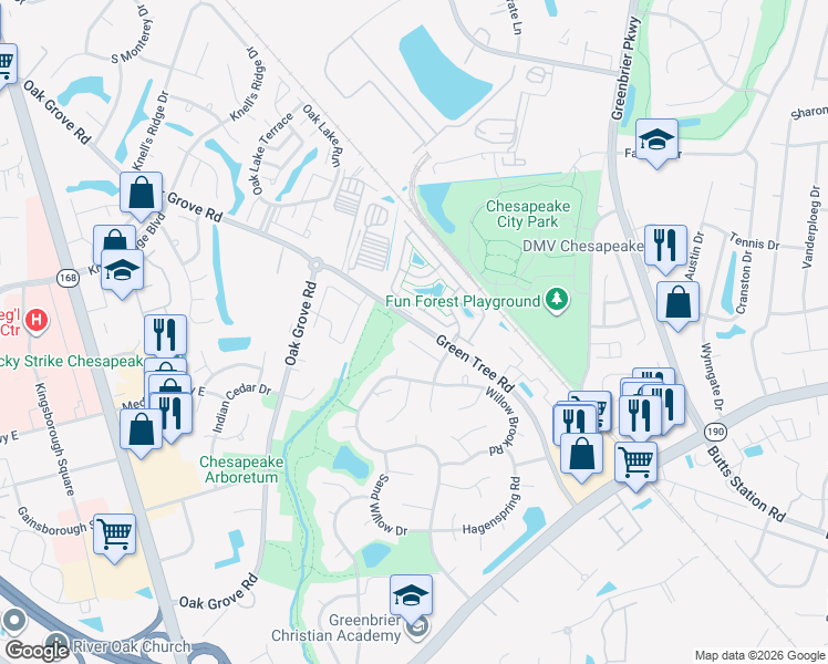 map of restaurants, bars, coffee shops, grocery stores, and more near 917 Meadowhill Court in Chesapeake