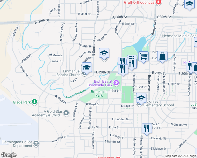 map of restaurants, bars, coffee shops, grocery stores, and more near 1804 Brookside Drive in Farmington