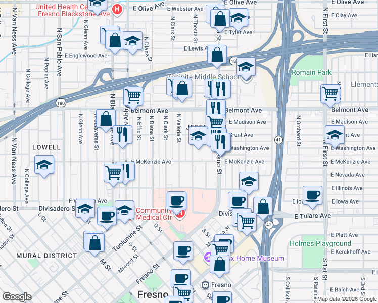map of restaurants, bars, coffee shops, grocery stores, and more near 333 North Thesta Street in Fresno