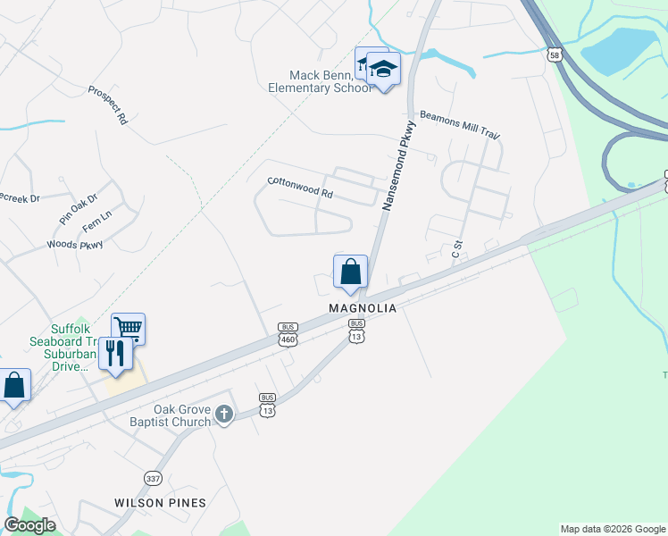 map of restaurants, bars, coffee shops, grocery stores, and more near 1015 Nansemond Parkway in Suffolk