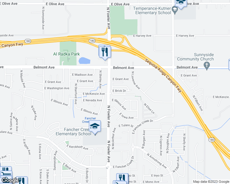 map of restaurants, bars, coffee shops, grocery stores, and more near 6053 East Brick Drive in Fresno