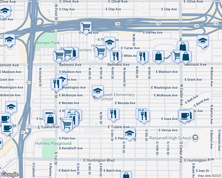 map of restaurants, bars, coffee shops, grocery stores, and more near 3562 East Washington Avenue in Fresno