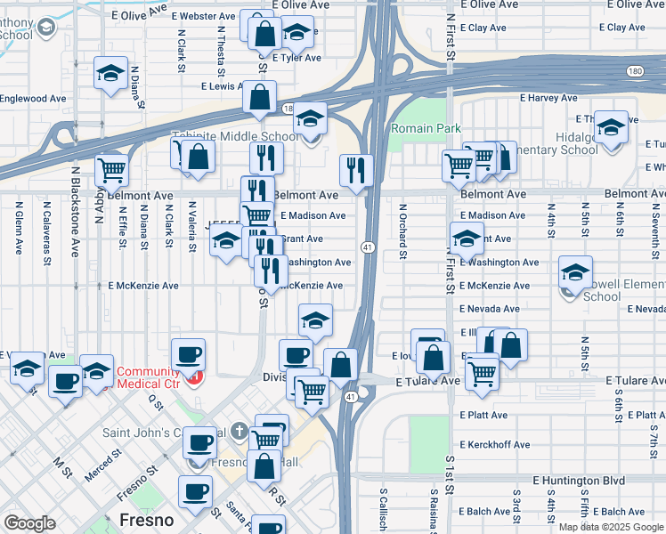 map of restaurants, bars, coffee shops, grocery stores, and more near 2742 East Washington Avenue in Fresno