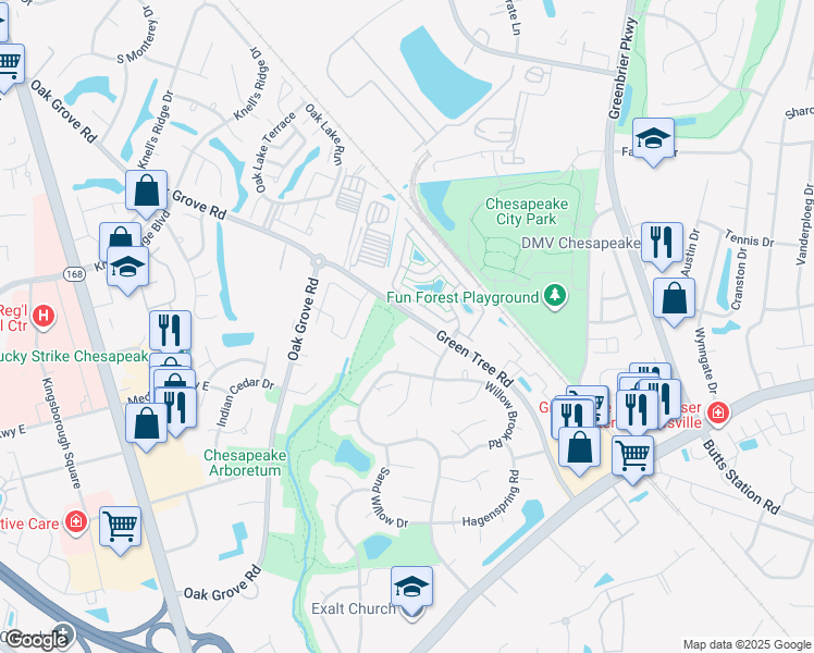 map of restaurants, bars, coffee shops, grocery stores, and more near 918 Meadowhill Court in Chesapeake