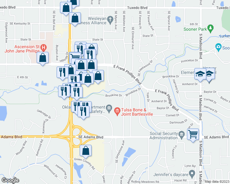 map of restaurants, bars, coffee shops, grocery stores, and more near 4132 Brookline Drive in Bartlesville