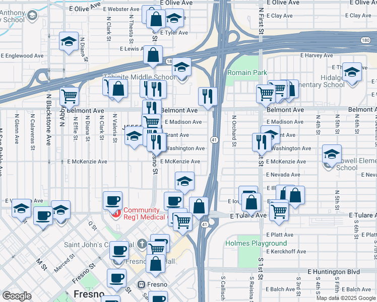 map of restaurants, bars, coffee shops, grocery stores, and more near 2726 East Washington Avenue in Fresno