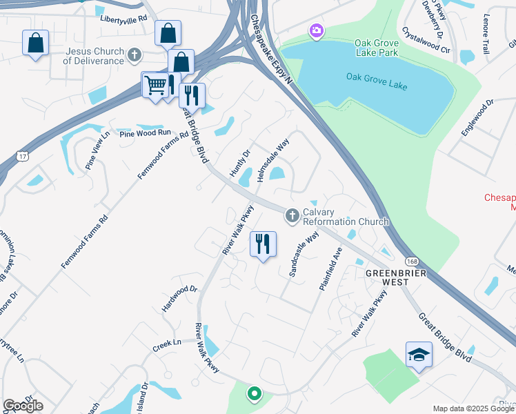 map of restaurants, bars, coffee shops, grocery stores, and more near 886 Royal Grove Court in Chesapeake