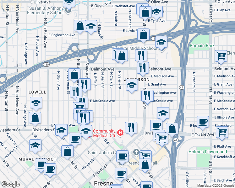 map of restaurants, bars, coffee shops, grocery stores, and more near 308 North Clark Street in Fresno