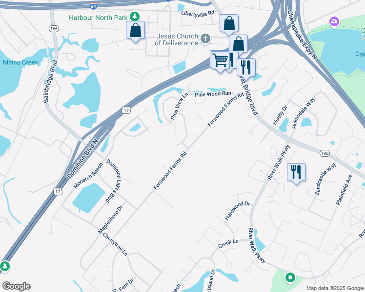 map of restaurants, bars, coffee shops, grocery stores, and more near 604 Fernwood Farms Road in Chesapeake