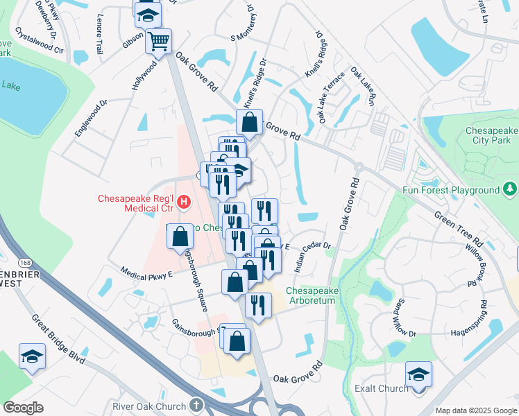 map of restaurants, bars, coffee shops, grocery stores, and more near 610 Butterwick Court in Chesapeake