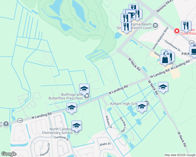 map of restaurants, bars, coffee shops, grocery stores, and more near 2368 Rod Pocceschi Way in Virginia Beach