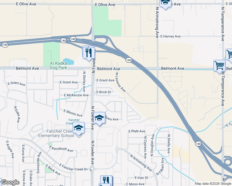 map of restaurants, bars, coffee shops, grocery stores, and more near 6185 East Peruna Way in Fresno