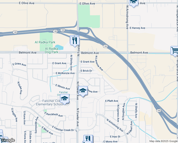 map of restaurants, bars, coffee shops, grocery stores, and more near 6142 East Nevada Avenue in Fresno