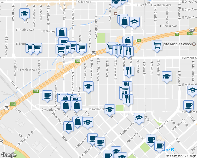 map of restaurants, bars, coffee shops, grocery stores, and more near 304 North San Pablo Avenue in Fresno