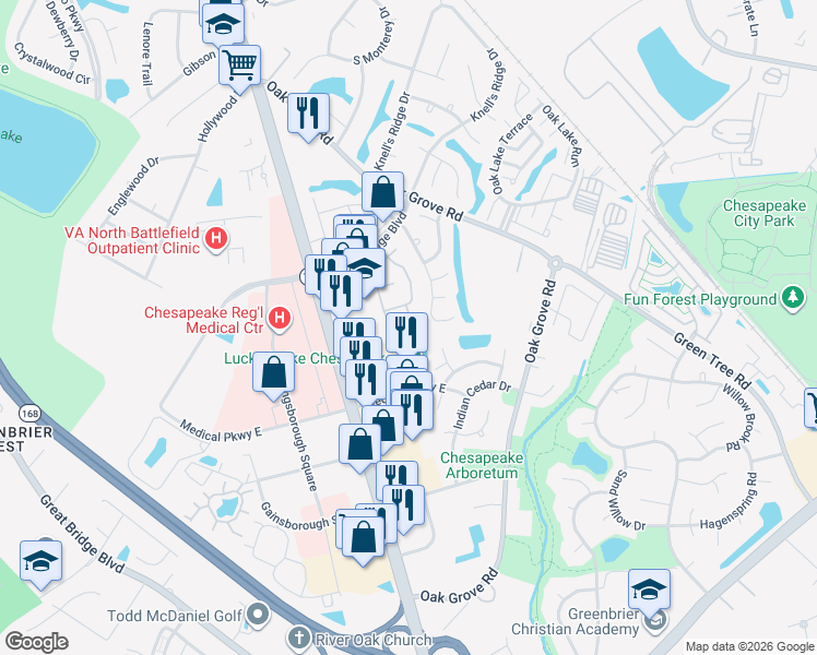 map of restaurants, bars, coffee shops, grocery stores, and more near 116 Herrington Lane in Chesapeake
