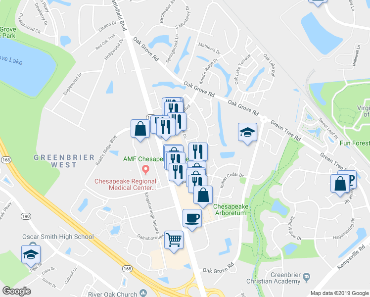 map of restaurants, bars, coffee shops, grocery stores, and more near Sherington Drive in Chesapeake