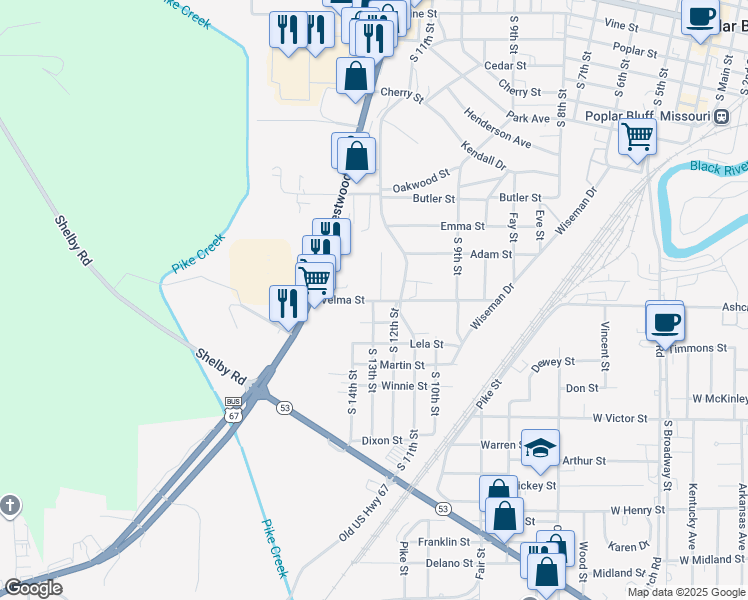 map of restaurants, bars, coffee shops, grocery stores, and more near 1101 South 11th Street in Poplar Bluff