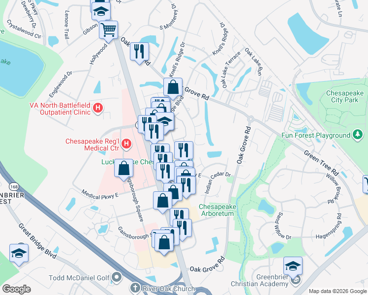 map of restaurants, bars, coffee shops, grocery stores, and more near 116 Herrington Lane in Chesapeake