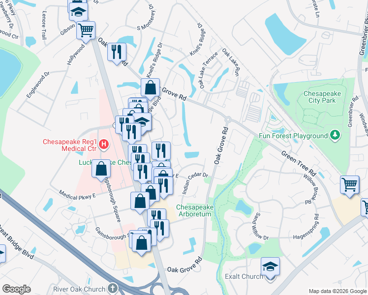 map of restaurants, bars, coffee shops, grocery stores, and more near 903 Willowstone Arch in Chesapeake