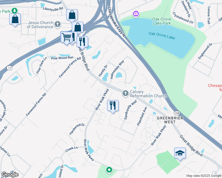 map of restaurants, bars, coffee shops, grocery stores, and more near 886 Royal Grove Court in Chesapeake