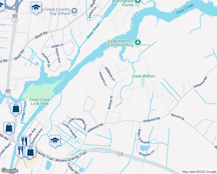map of restaurants, bars, coffee shops, grocery stores, and more near 2304 Halyard Lane in Chesapeake