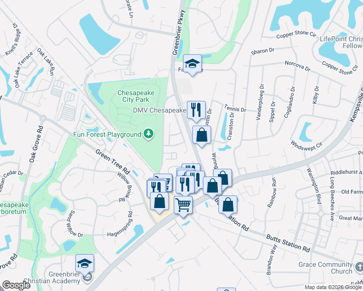 map of restaurants, bars, coffee shops, grocery stores, and more near 717 Gulfwind Road in Chesapeake