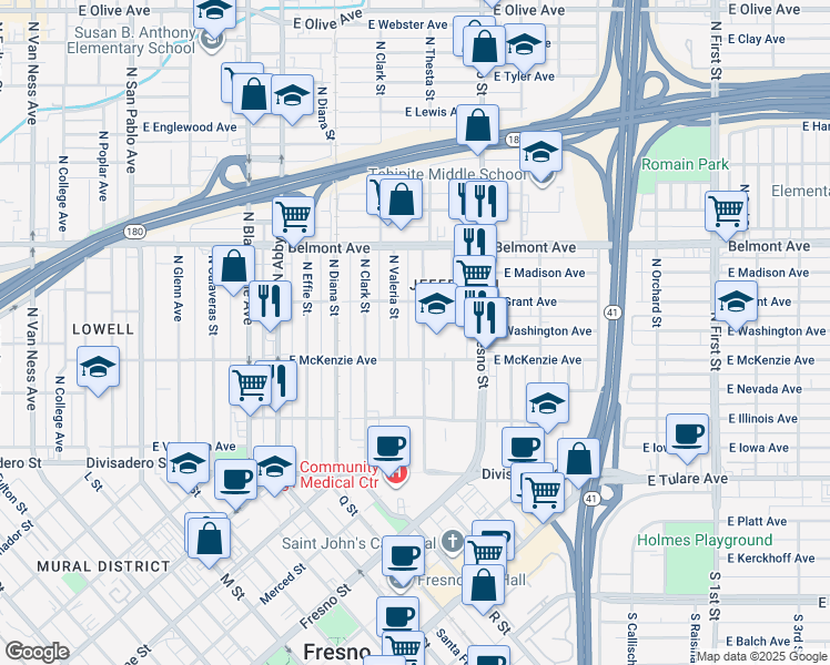 map of restaurants, bars, coffee shops, grocery stores, and more near 305 North Thesta Street in Fresno