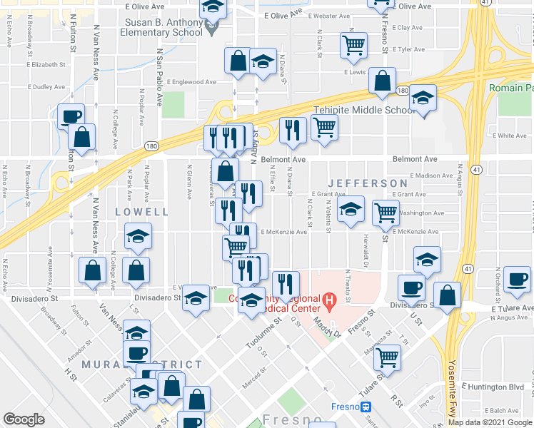 map of restaurants, bars, coffee shops, grocery stores, and more near 303 North Effie Street in Fresno