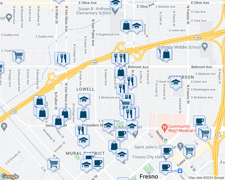 map of restaurants, bars, coffee shops, grocery stores, and more near 302 North Glenn Avenue in Fresno