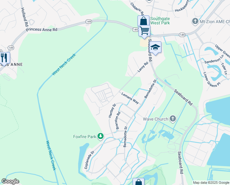 map of restaurants, bars, coffee shops, grocery stores, and more near 2556 Hartley Street in Virginia Beach