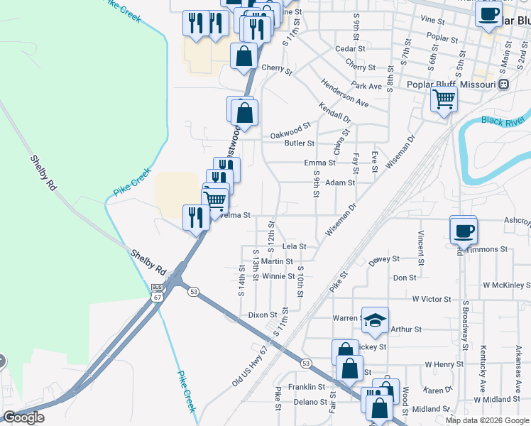 map of restaurants, bars, coffee shops, grocery stores, and more near 1101 South 11th Street in Poplar Bluff