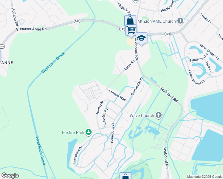 map of restaurants, bars, coffee shops, grocery stores, and more near 2460 Lemans Way in Virginia Beach