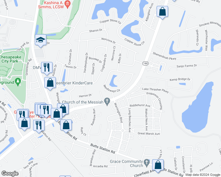 map of restaurants, bars, coffee shops, grocery stores, and more near 1005 Windswept Circle in Chesapeake