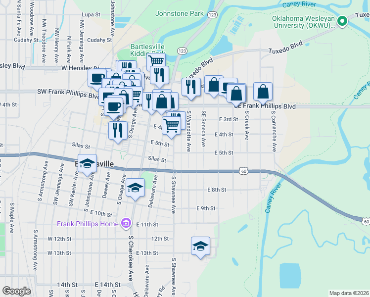 map of restaurants, bars, coffee shops, grocery stores, and more near 402 South Wyandotte Avenue in Bartlesville
