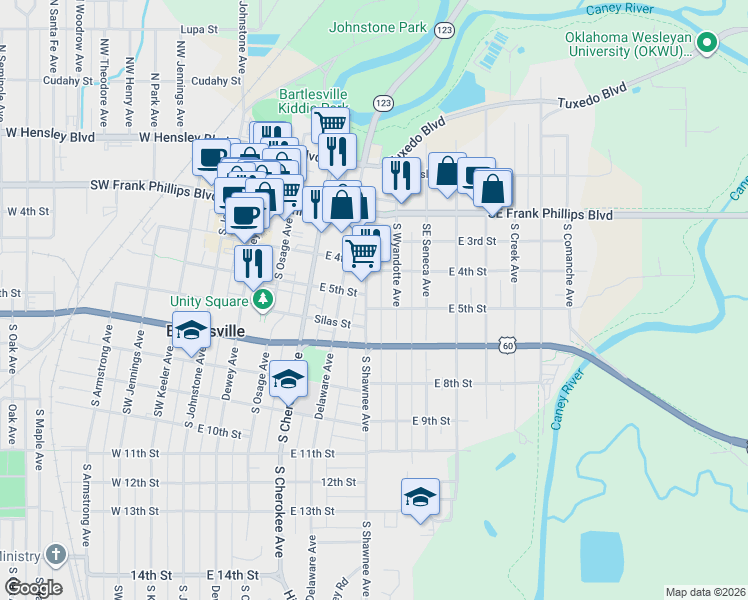 map of restaurants, bars, coffee shops, grocery stores, and more near 409 South Shawnee Avenue in Bartlesville