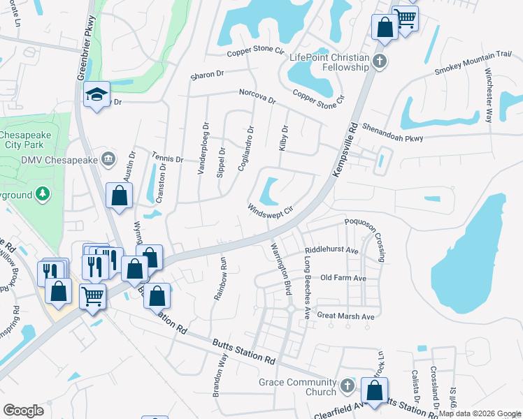 map of restaurants, bars, coffee shops, grocery stores, and more near 1005 Windswept Circle in Chesapeake