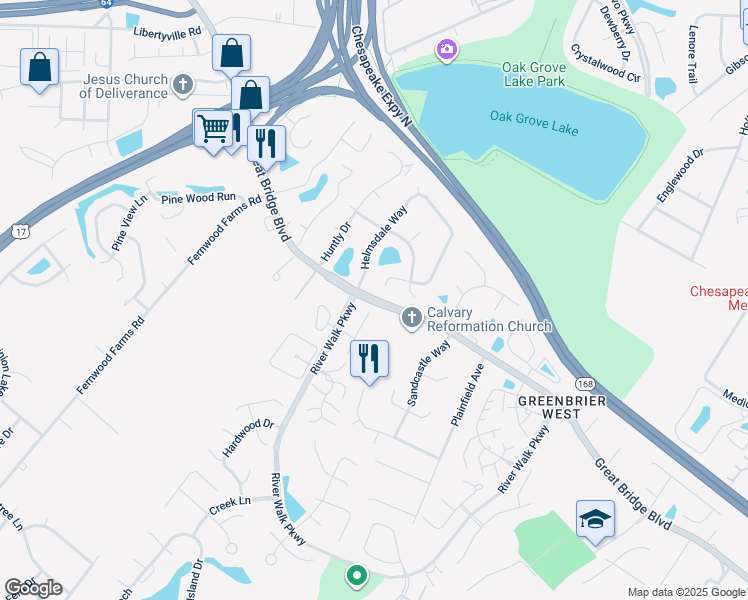 map of restaurants, bars, coffee shops, grocery stores, and more near 787 Great Bridge Boulevard in Chesapeake