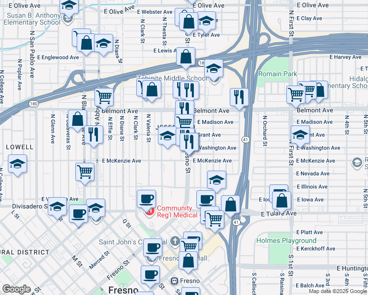 map of restaurants, bars, coffee shops, grocery stores, and more near 349 North Fresno Street in Fresno