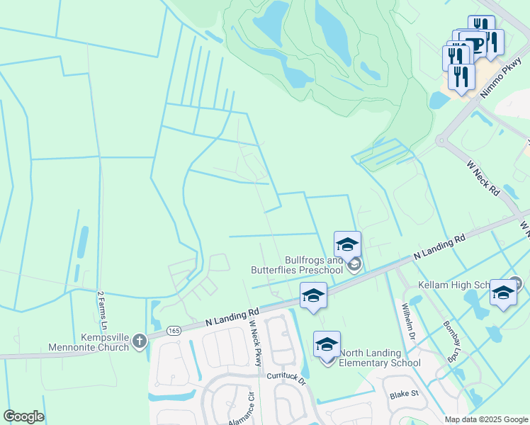 map of restaurants, bars, coffee shops, grocery stores, and more near Kings Highway in Virginia Beach