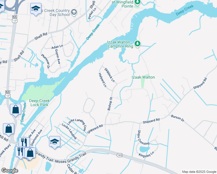 map of restaurants, bars, coffee shops, grocery stores, and more near 2304 Halyard Lane in Chesapeake