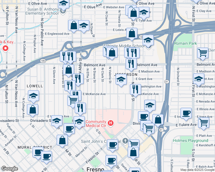 map of restaurants, bars, coffee shops, grocery stores, and more near 387 North Valeria Street in Fresno